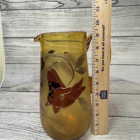 Vintage MCM Floral Amber Gold Hand Painted Etched Glass Pitcher - Picture 12 of 12